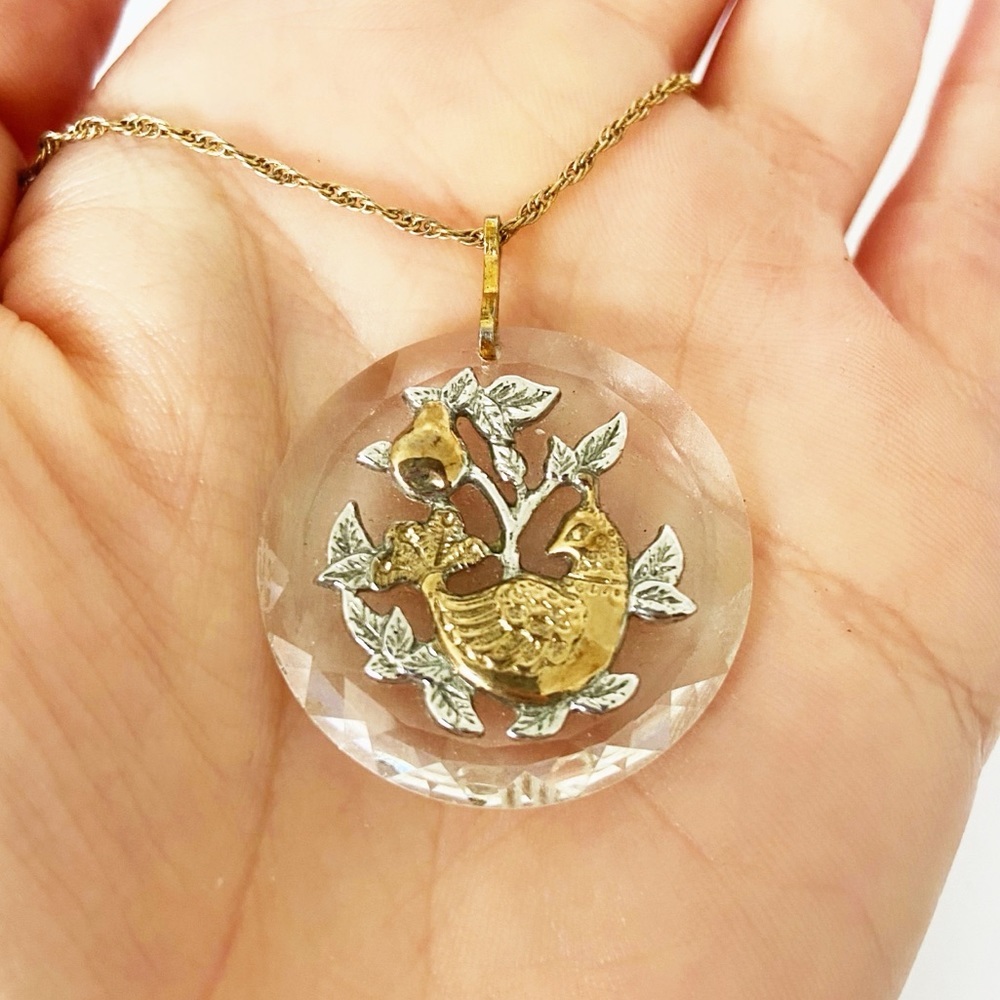 Vintage Hallmark partridge in a pear tree cut glass mixed metal pendant 18-20”